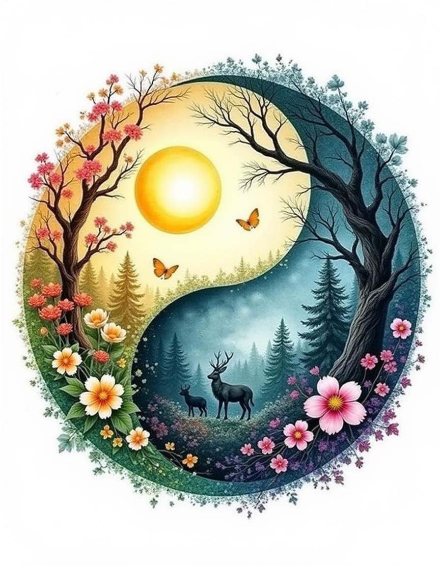 A watercolor diyngyng style painting of a yin-yang formed by a sunlit meadow with blooming flowers and a moonlit forest wi...