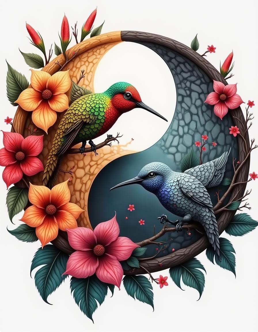 A digital diyngyng style painting of two hummingbirds in a yin-yang formation,  one bright and colorful,  the other in gra...