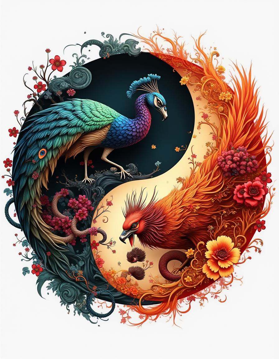 A digital diyngyng style painting of a yin-yang formed by a peacock and a phoenix,  one vibrant in blue and green feathers...