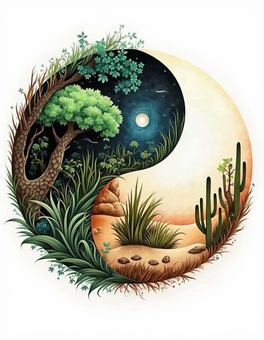 A watercolor diyngyng style painting of a yin-yang with one half as a rainforest filled with bright green foliage,  and th...