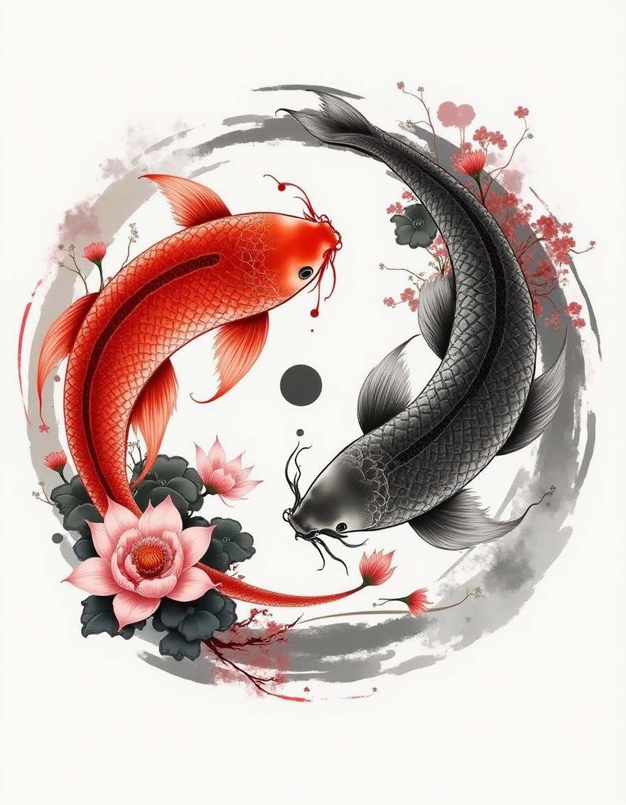 A sumi diyngyng style painting of two fish in a yin-yang formation,  one with vibrant red and the other a deep,  muted gra...
