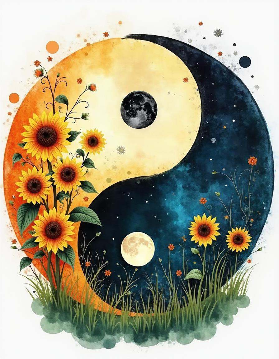 A watercolor diyngyng style painting of a yin-yang symbol with one half as a sunflower field under a bright sky,  the othe...