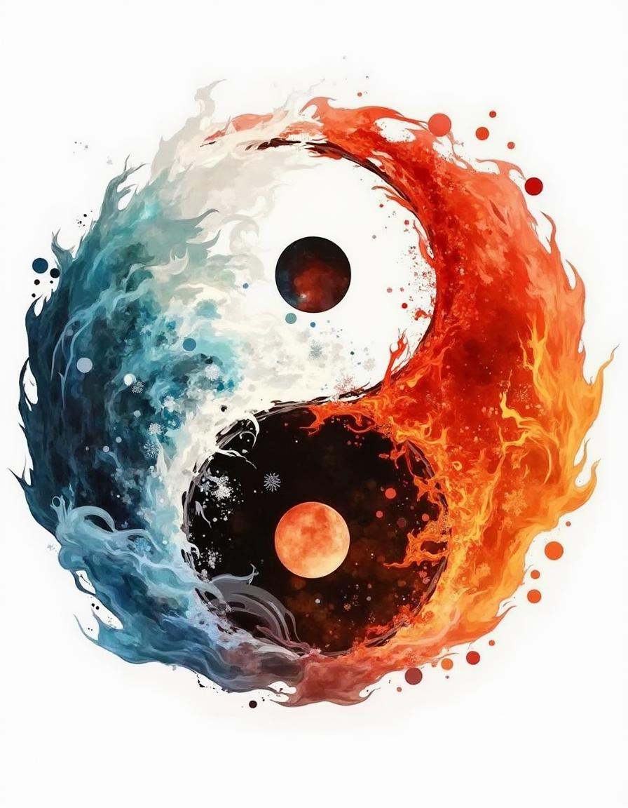 A watercolor diyngyng style painting of a yin-yang symbol made from swirling fire and water. Flames and waves intertwine s...