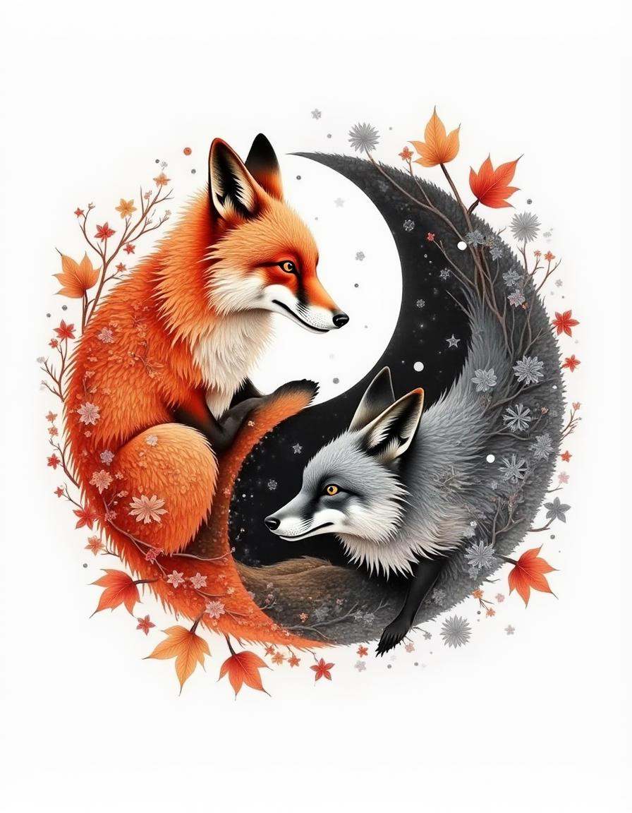 A watercolor diyngyng style painting of two foxes in a yin-yang formation,  one fox with red fur and the other in shadowy...