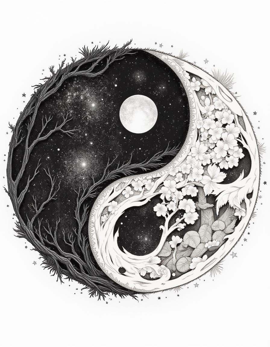 A pencil diyngyng style sketch of a yin-yang with one half as a swirling galaxy and the other as an ancient forest. Stars...