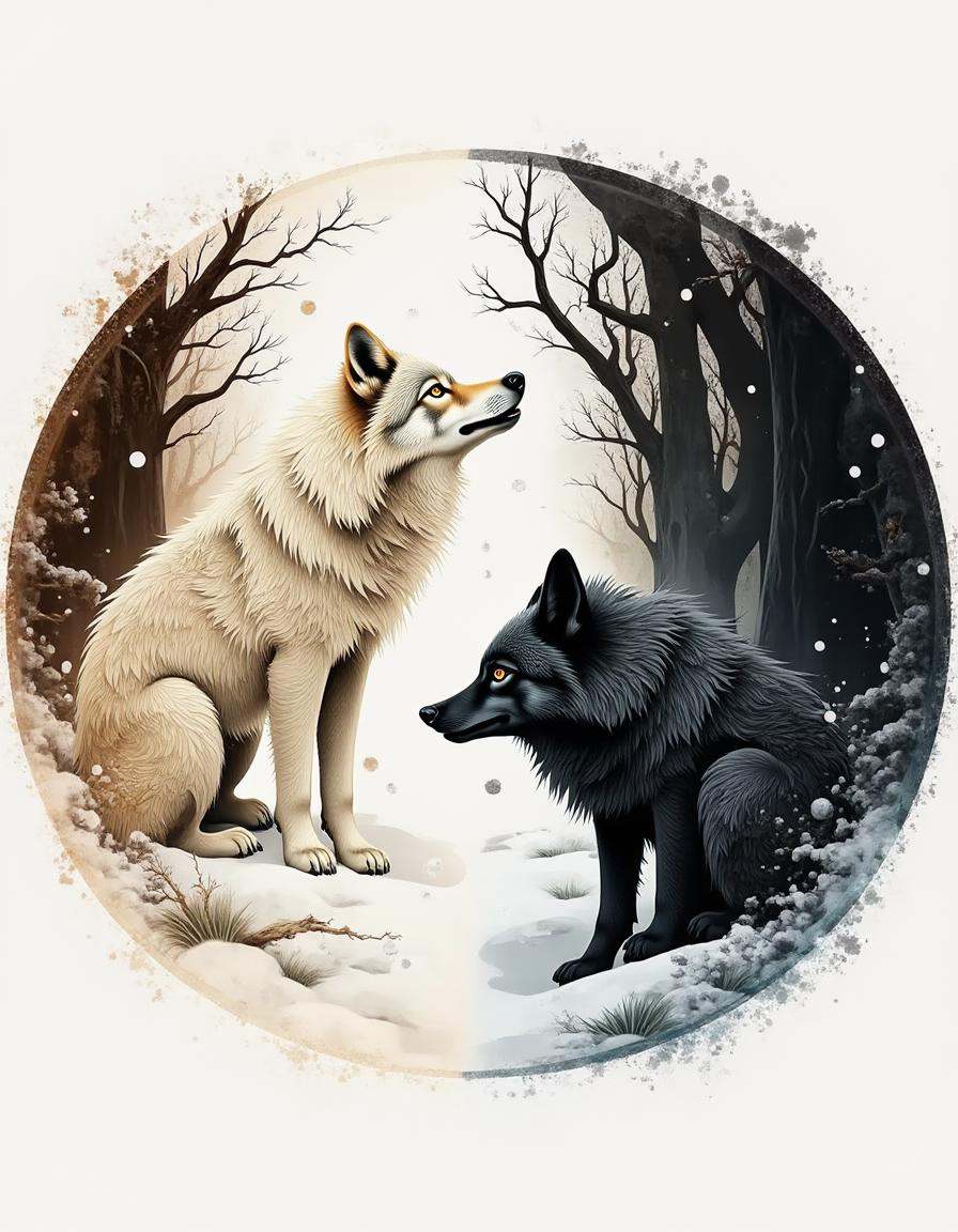 A sumi diyngyng style painting of two wolves,  one light and one dark,  howling in a circular formation. Snow falls on the...