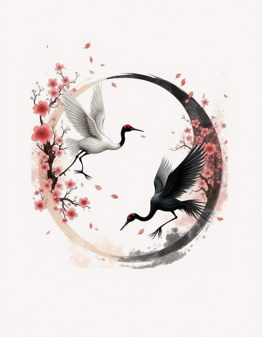 A sumi diyngyng style painting of two cranes flying in a circular pattern,  with one crane white and the other black,  sym...