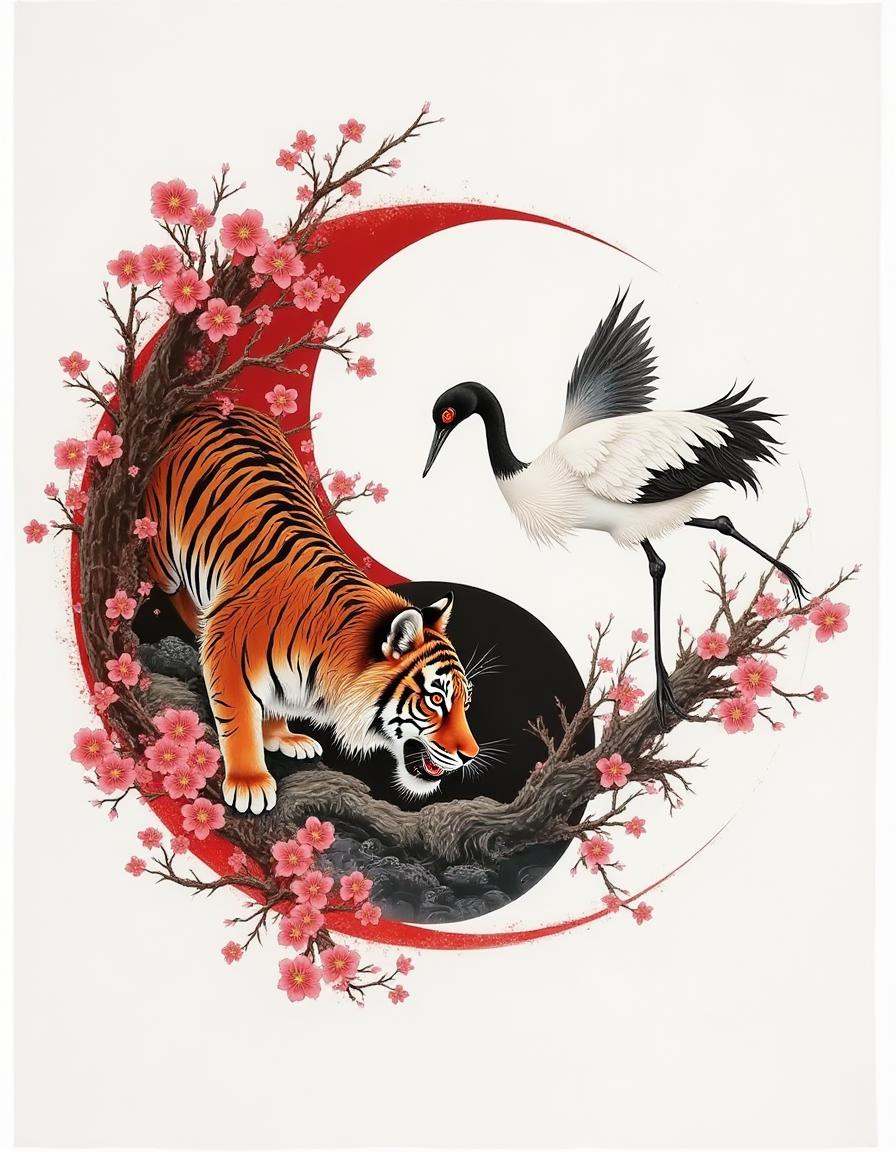 A sumi diyngyng style painting of a yin-yang made by a tiger and a crane,  the tiger powerful and grounded,  the crane gra...