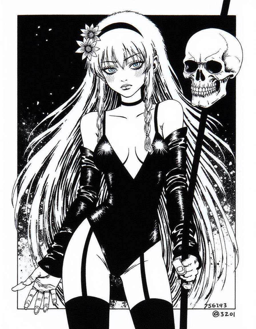 A disncty noir style comic illustration,  stark black-and-white contrast,  1girl on Tensor.Art