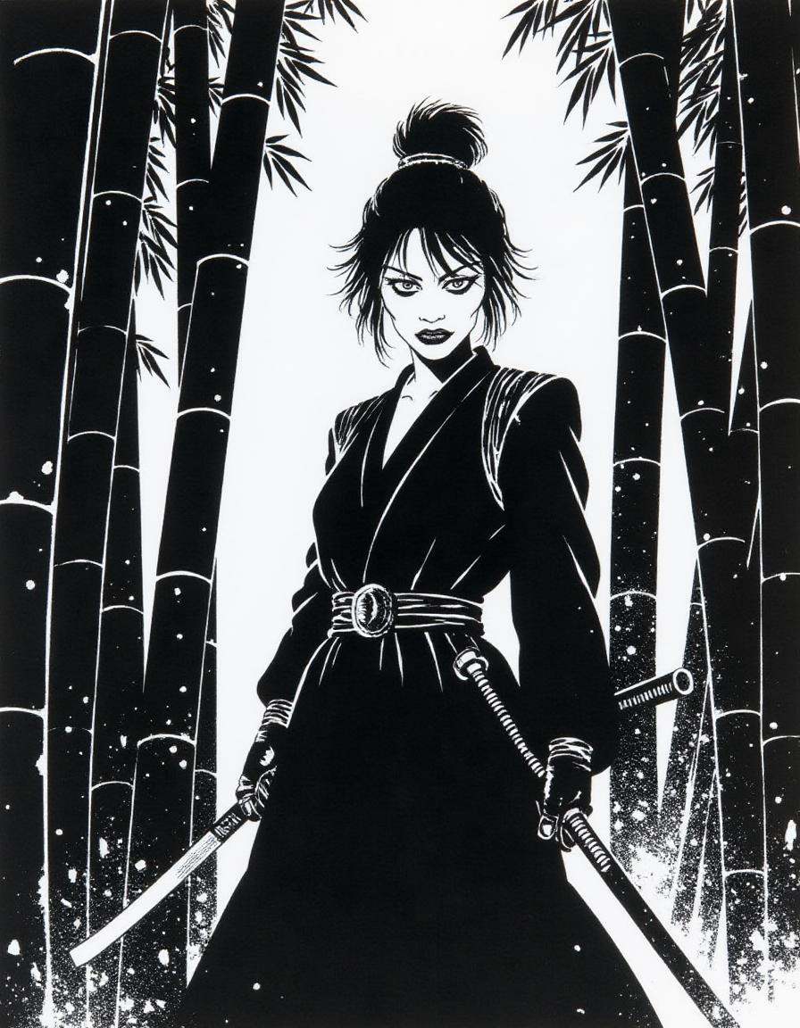 A disncty noir style comic illustration,  ,  A female samurai standing ready in a bamboo forest. on Tensor.Art