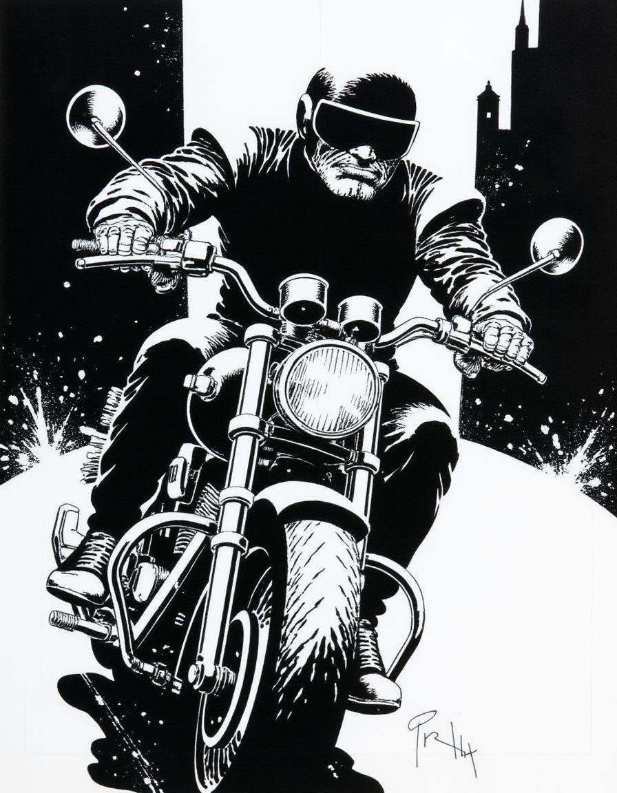 a figure wearing a motorcycle helmet on a motorcycle driving really fast through city streets,  A disncty noir style comic...