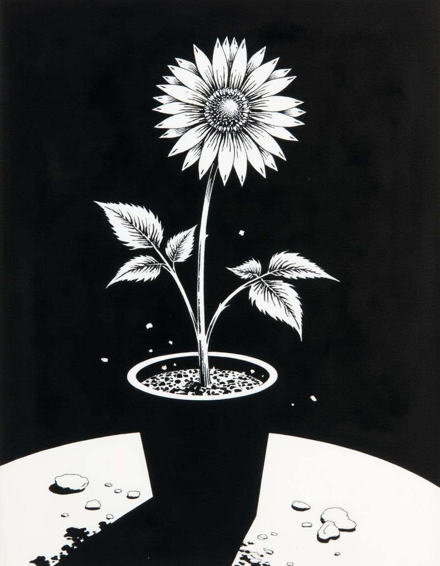a flower growing in a flower pot on a table,  A disncty noir style comic illustration on Tensor.Art