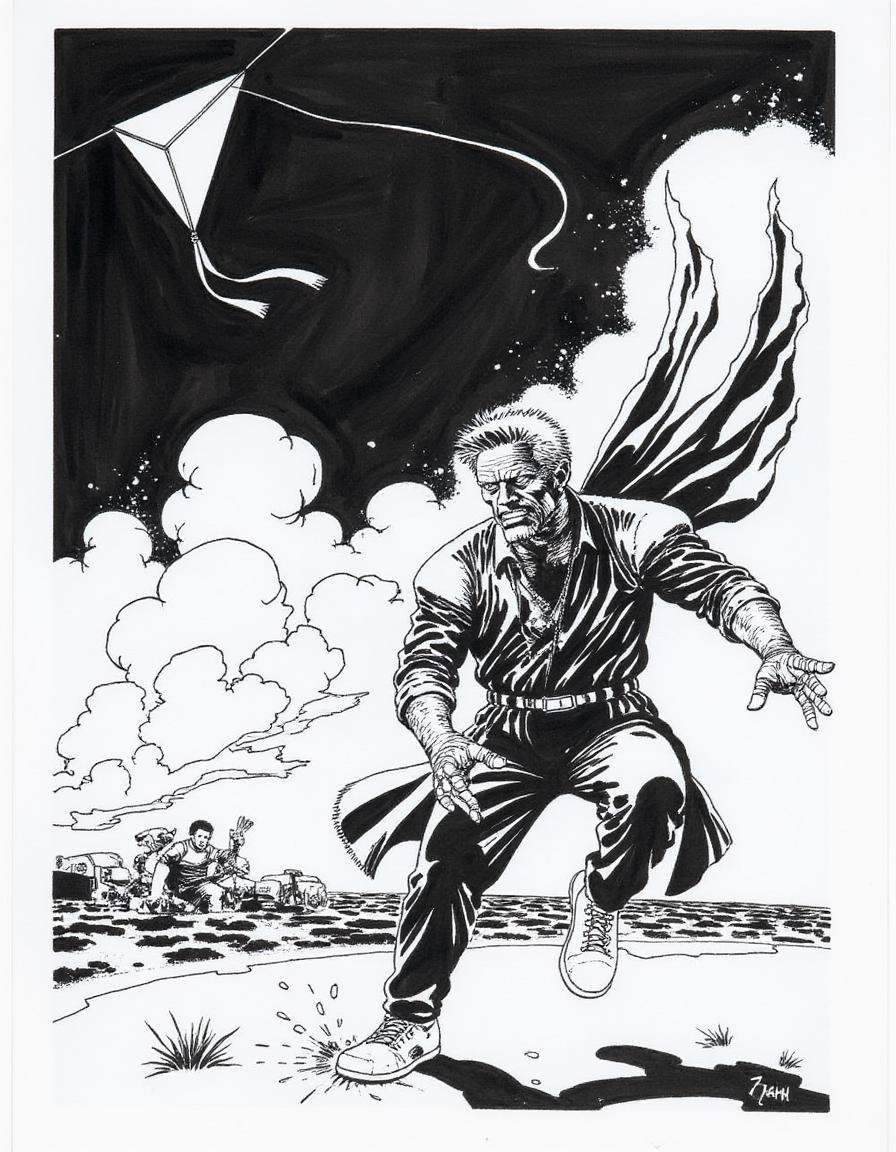 A disncty noir style comic illustration,  stark black-and-white contrast,  A man flying a kite on a windy day at the beach...