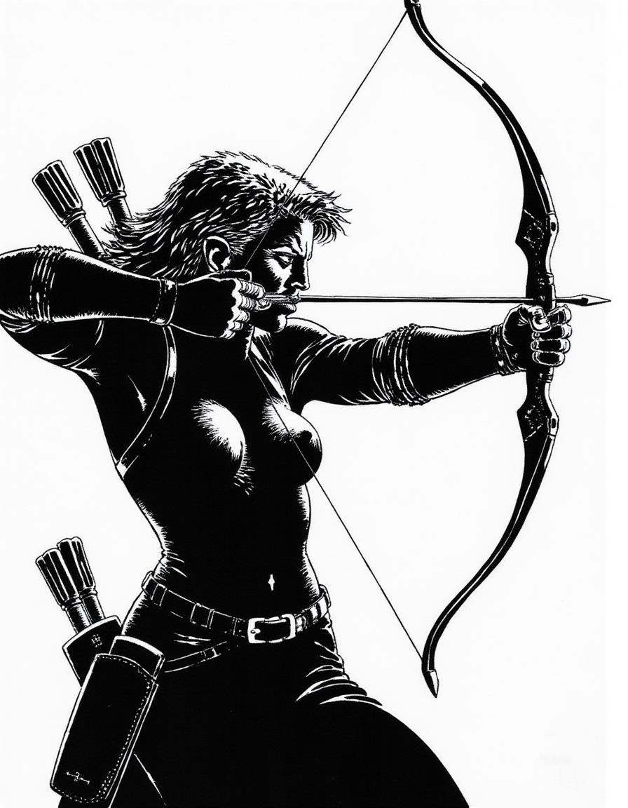 A disncty noir style comic illustration,  stark black-and-white contrast,  A female archer on Tensor.Art