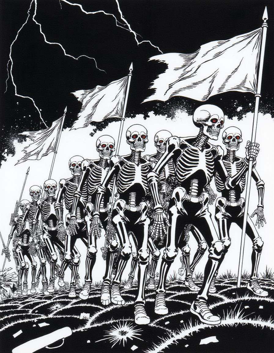 A disncty noir style comic illustration,  stark black-and-white contrast,  A group of skeleton soldiers marching through a...