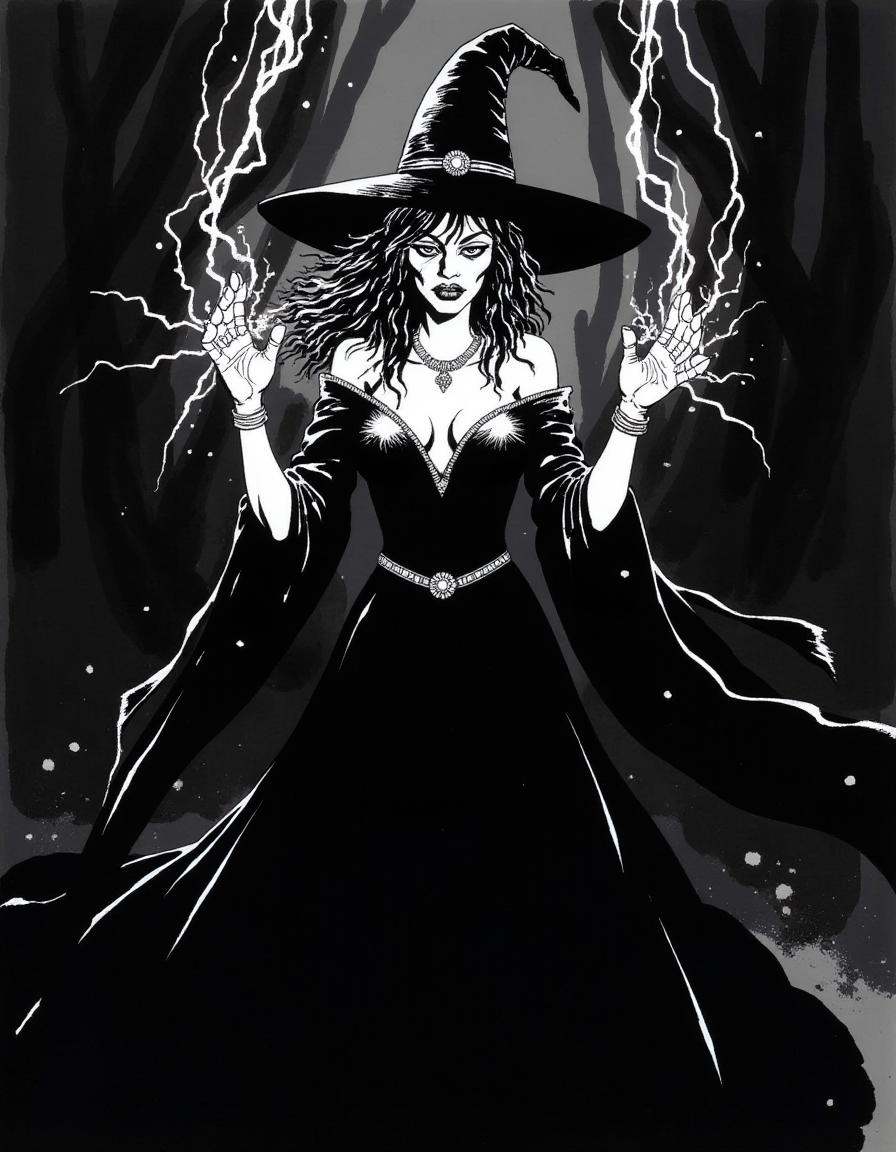 A disncty noir style comic illustration,  stark black-and-white contrast,  A mysterious female witch in a flowing black go...