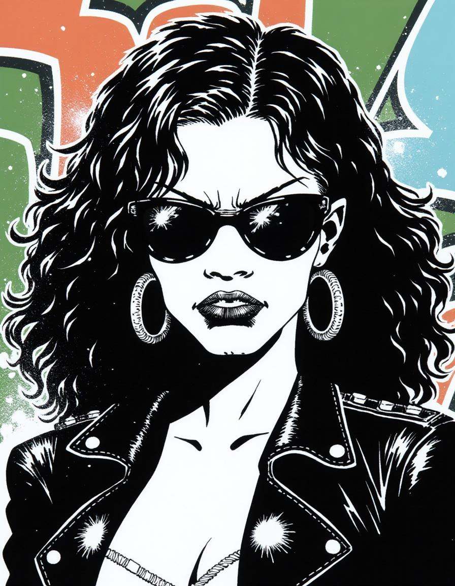 A disncty noir style comic illustration,  stark black-and-white contrast,  Close-up of a confident young woman with long o...