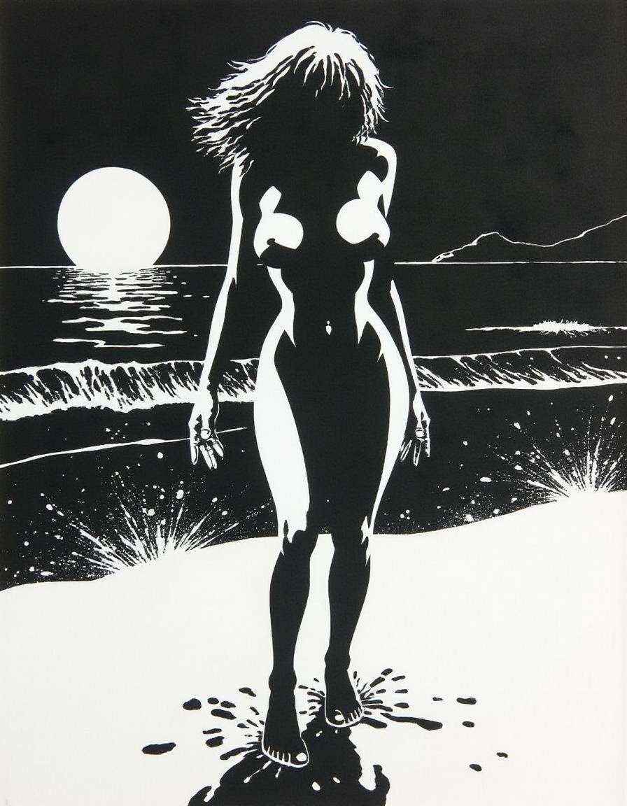 a nude woman standing on a beach,  A disncty noir style comic illustration on Tensor.Art