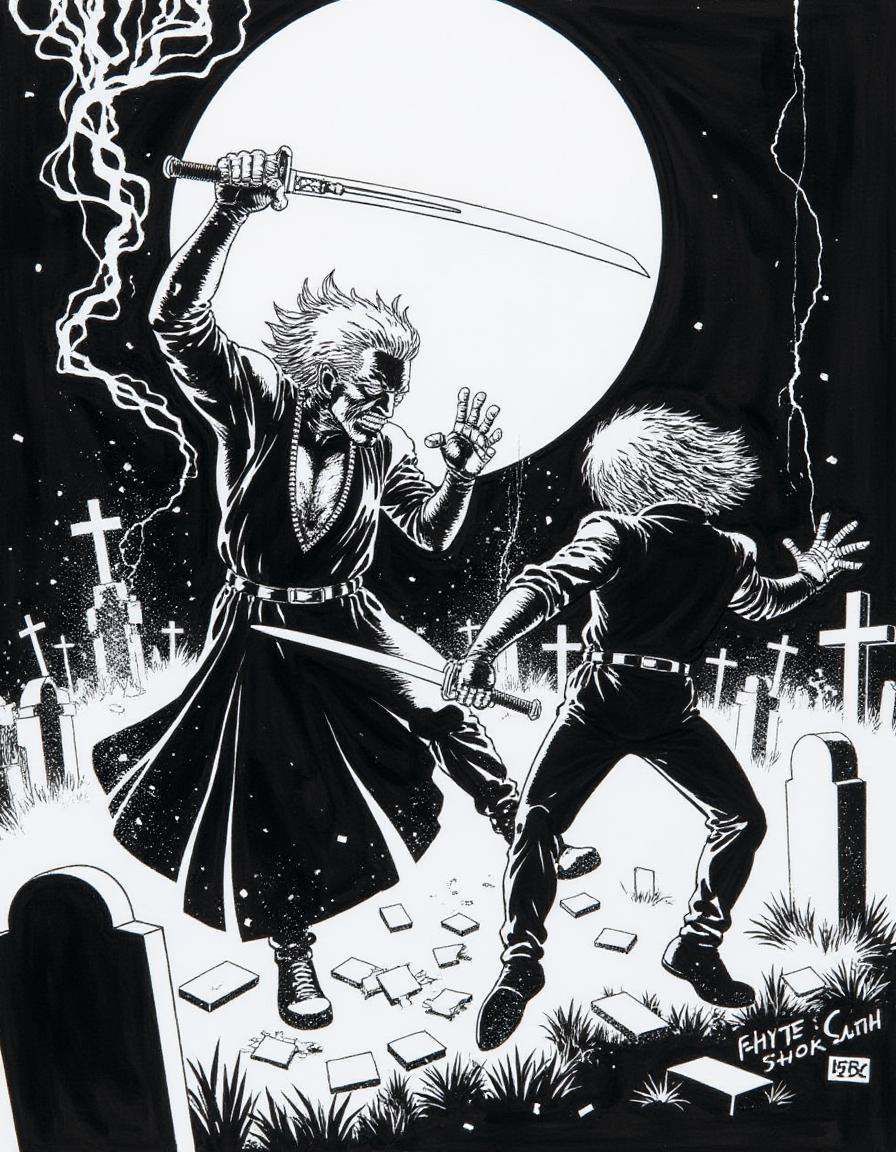 A disncty noir style comic illustration,  stark black-and-white contrast,  Two spectral warriors clash in a fog-shrouded c...