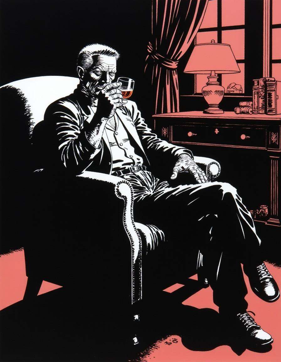 a man sitting in an arm chair in a study drinking a glass of bourbon,  A disncty noir style comic illustration on Tensor.Art