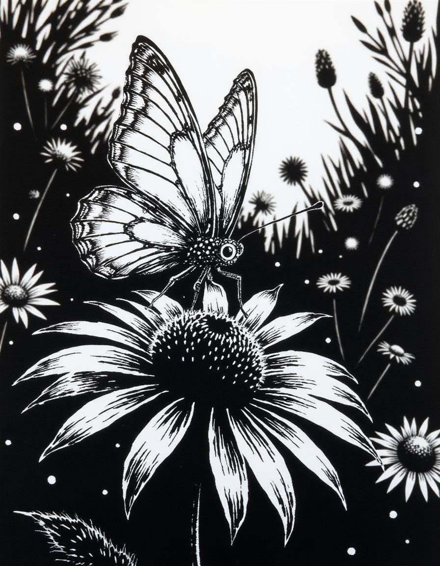 A disncty noir style comic illustration,  stark black-and-white contrast,  A delicate butterfly with glass wings perched o...