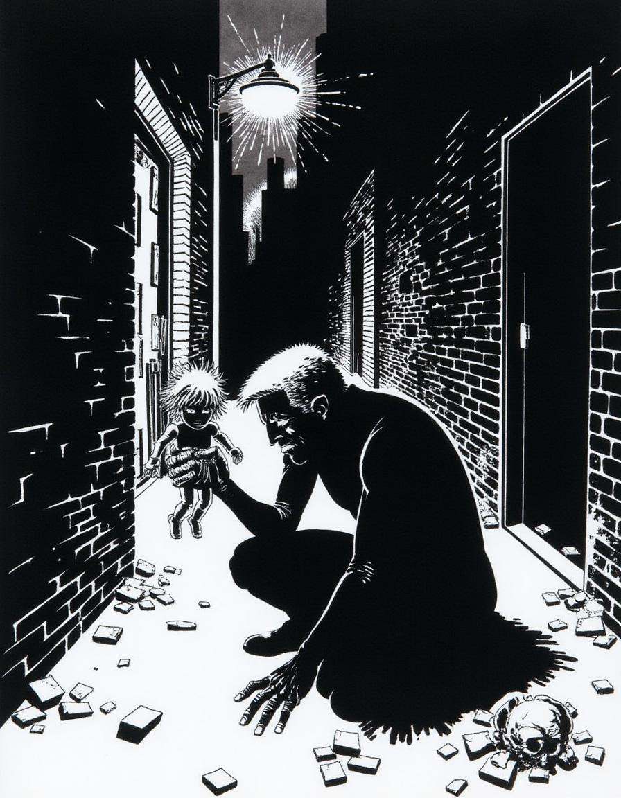 A disncty noir style comic illustration,  stark black-and-white contrast,  A gaunt silhouette crouches in the shadowy rece...