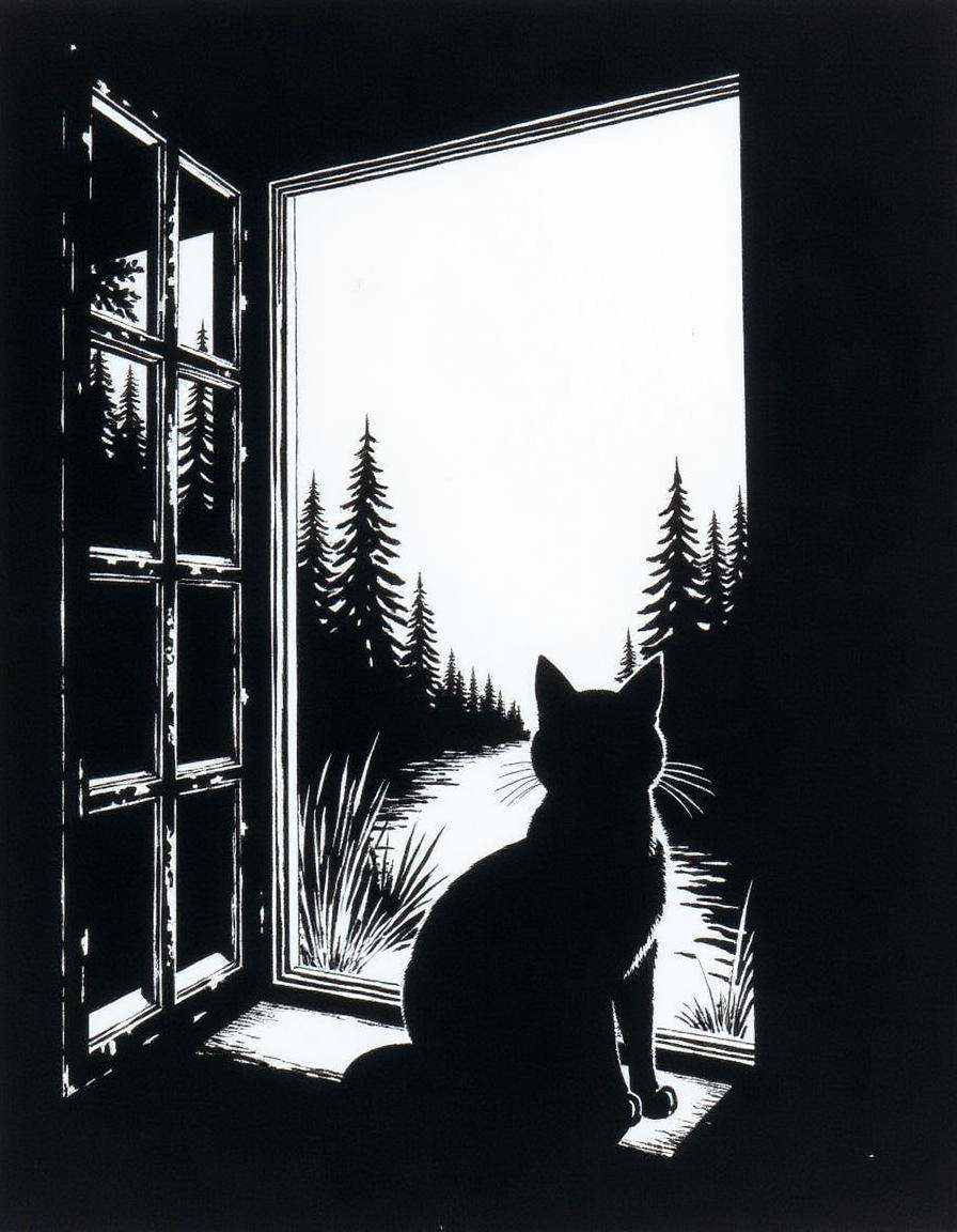 a cat sitting in an open window with a forest and lake in the background outside,  A disncty noir style comic illustration...
