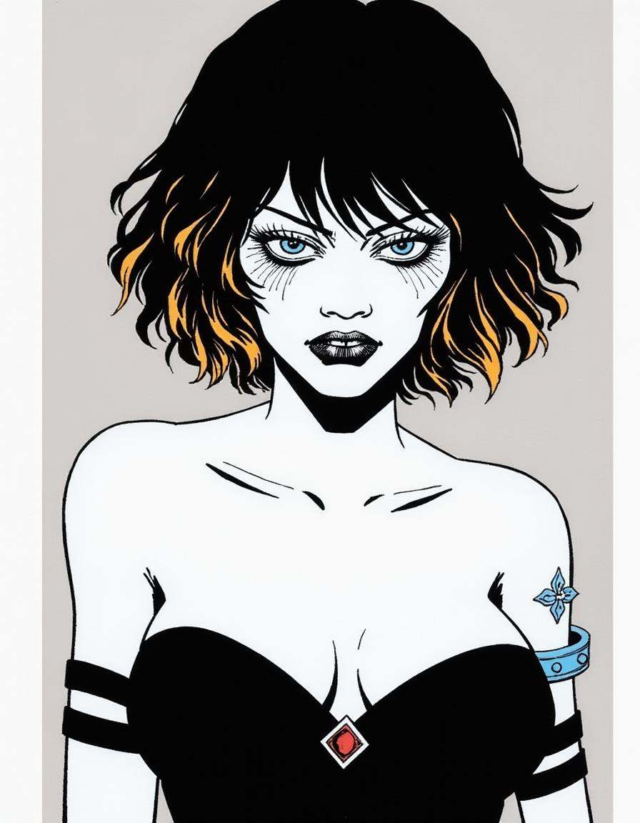 A disncty noir style comic illustration,  stark black-and-white contrast,  1girl on Tensor.Art