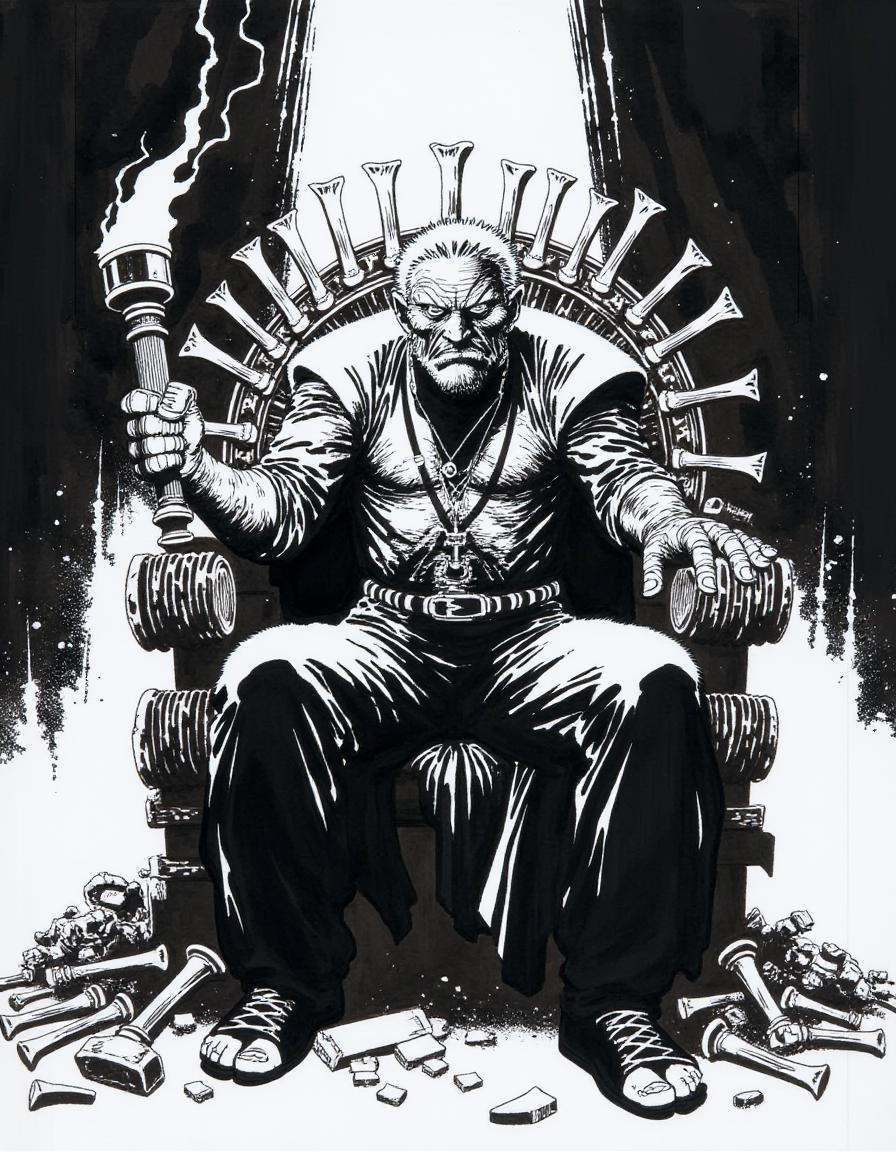 A disncty noir style comic illustration,  stark black-and-white contrast,  grizzled warrior king on a throne made of bones...