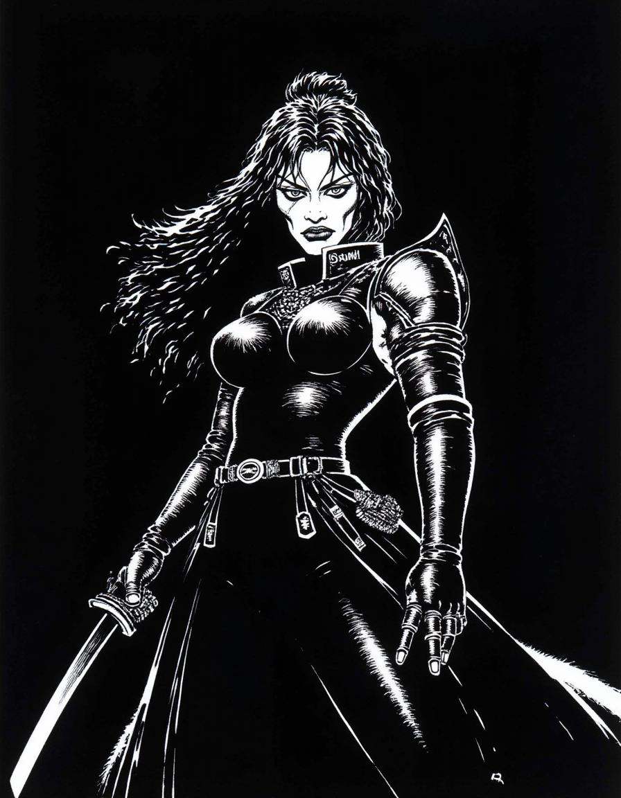 A disncty noir style comic illustration,  stark black-and-white contrast,  A female warrior stands poised with a katana on...