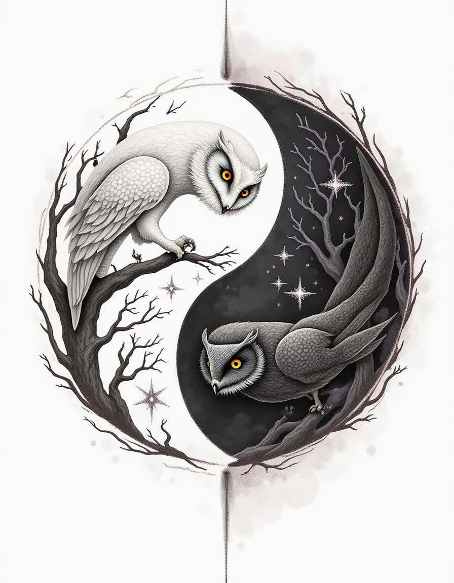 diyngyng style ,  A pencil diyngyng style sketch of two owls,  one white and the other dark on Tensor.Art