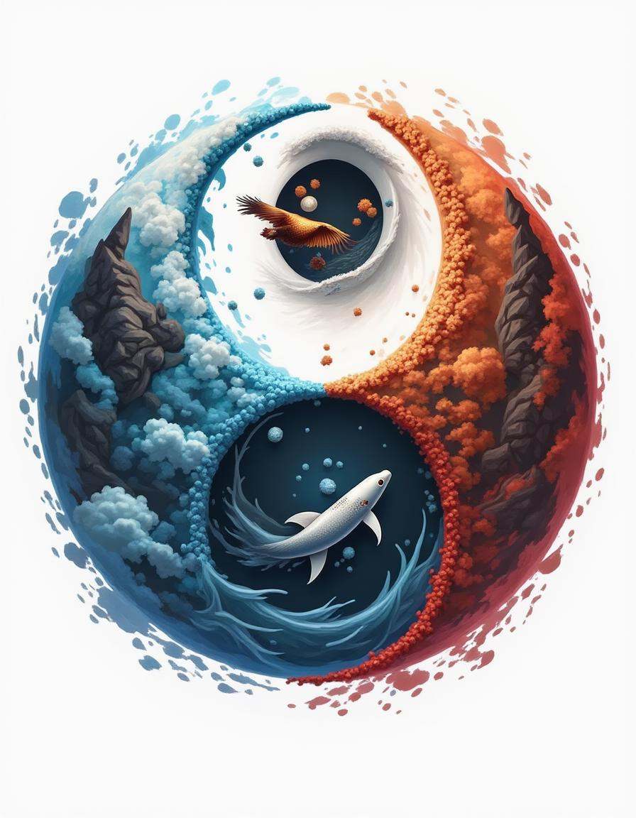 diyngyng style ,  A digital diyngyng style drawing of a yin-yang composed of swirling ocean waves and towering mountains....
