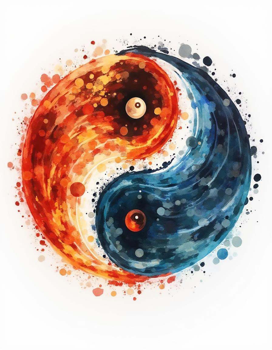 diyngyng style ,  A watercolor diyngyng style painting of a yin-yang symbol made from swirling fire and water. Flames and...