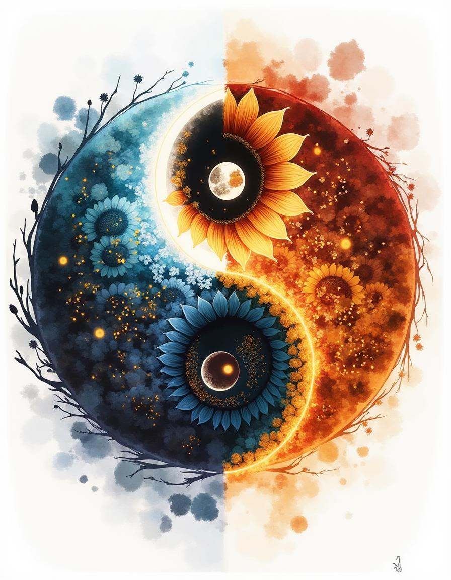 diyngyng style ,  A watercolor diyngyng style painting of a yin-yang symbol with one half as a sunflower field under a bri...