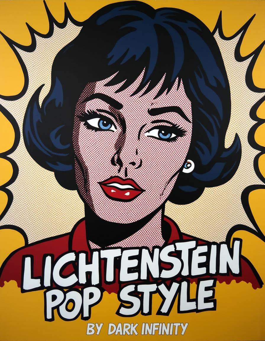 a dilchtnstn style pop art painting,  ,  Text across the image in an exciting font that says “Lichtenstein Pop Style” and...