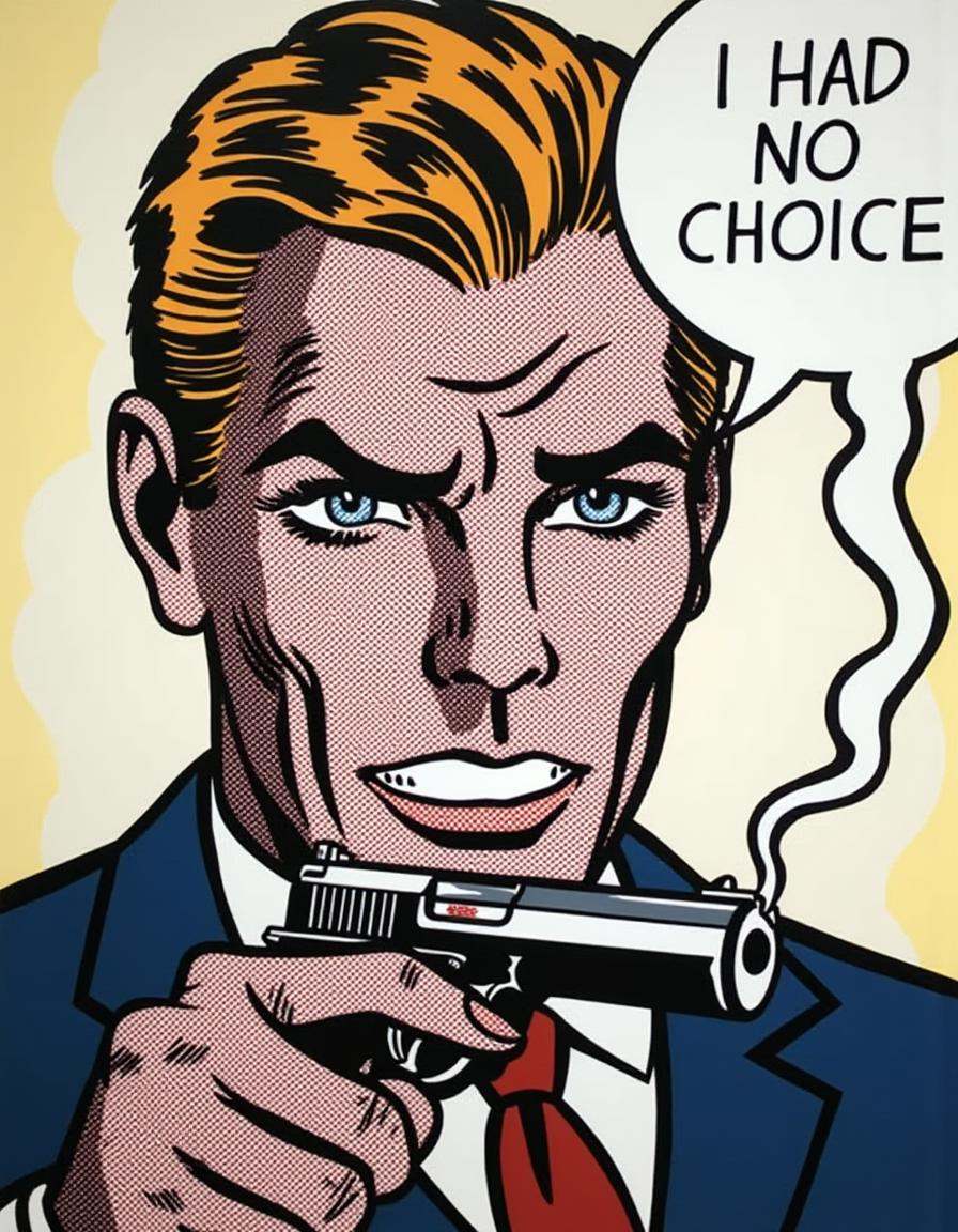 a dilchtnstn style pop art comic drawing,  ,  A man holding a smoking gun on Tensor.Art