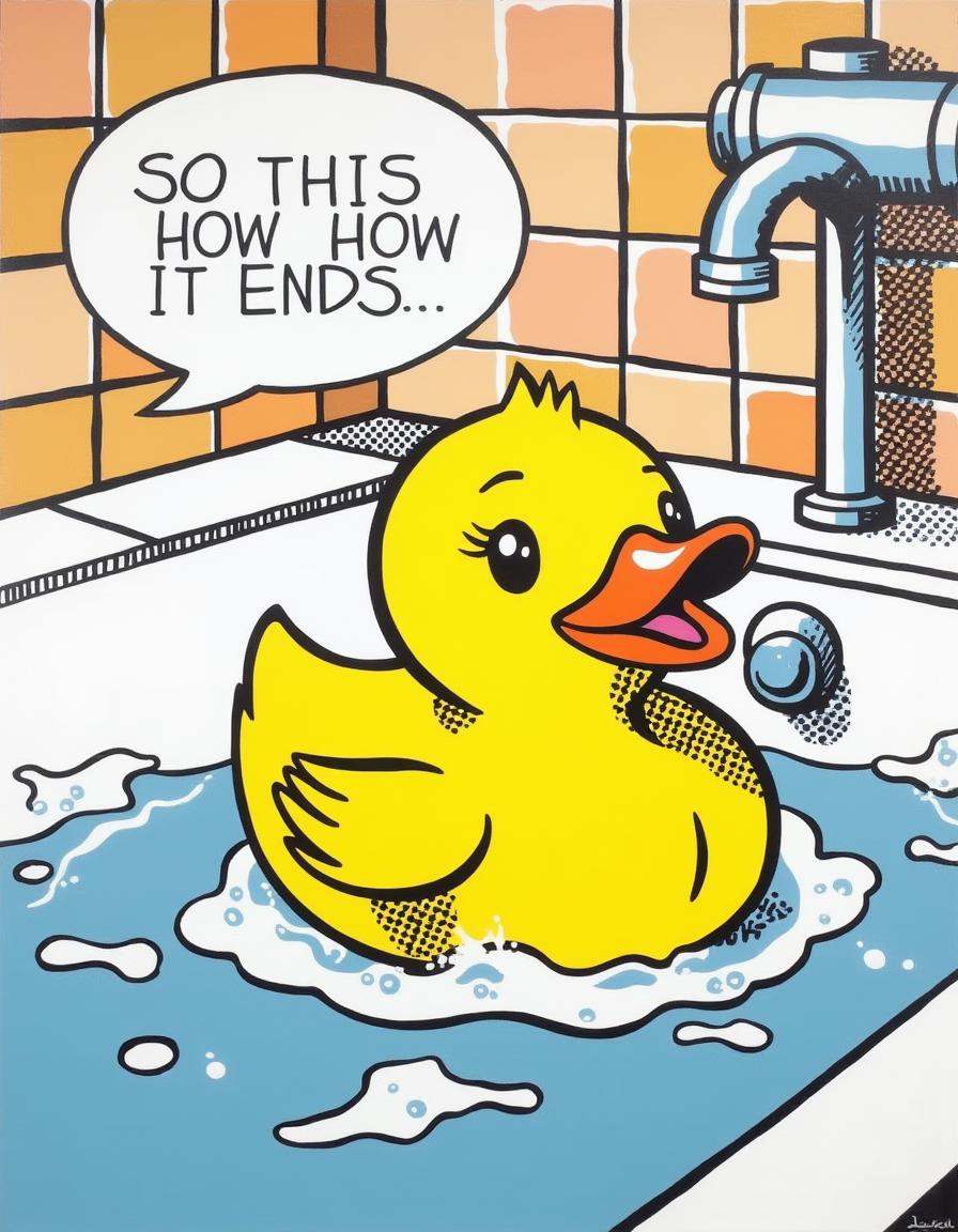 a dilchtnstn style pop art painting drawing,  ,  A rubber duck floating in a bathtub on Tensor.Art