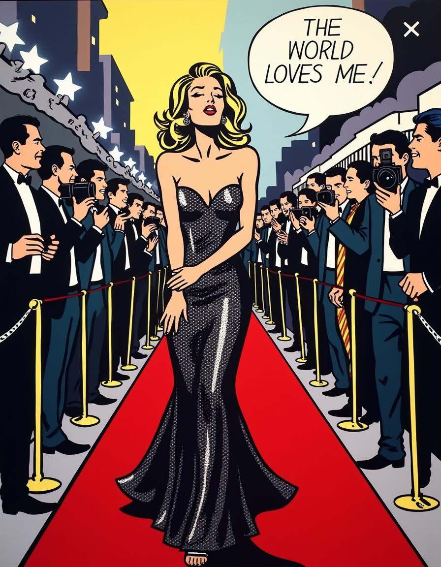 a dilchtnstn style pop art comic drawing,  ,  A glamorous actress on a red carpet on Tensor.Art