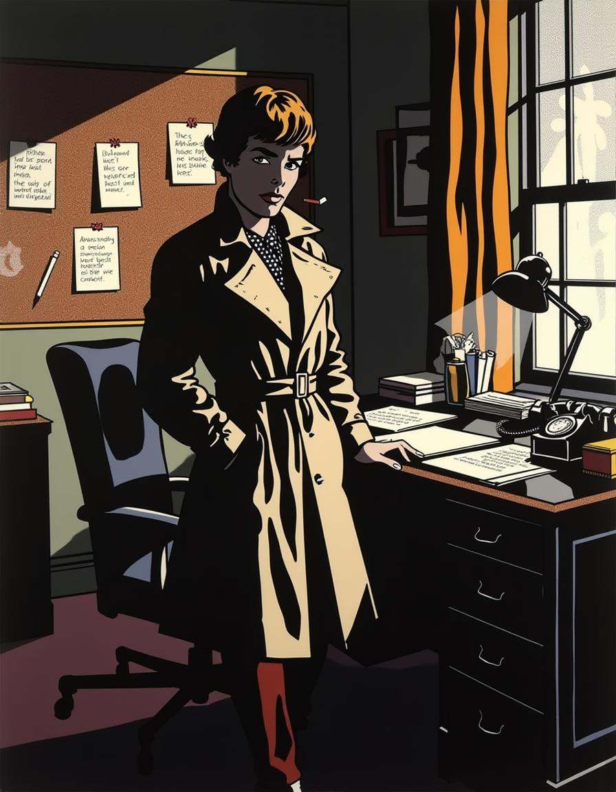 a dilchtnstn style pop art drawing drawing,  ,  A confident detective in a trench coat leaning against an old-fashioned de...
