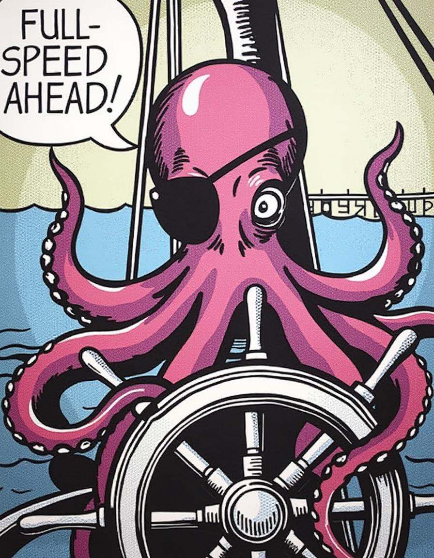 a dilchtnstn style pop art drawing drawing,  ,  A pirate octopus steering a ship’s wheel with its tentacles on Tensor.Art