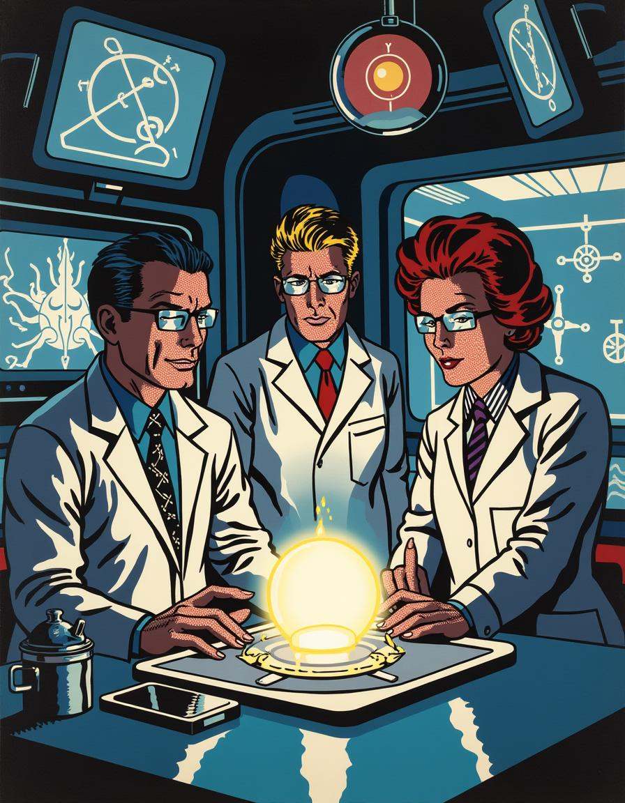 a dilchtnstn style pop art comic drawing,  ,  A group of scientists in retro-style lab coats examining a glowing on Tensor...