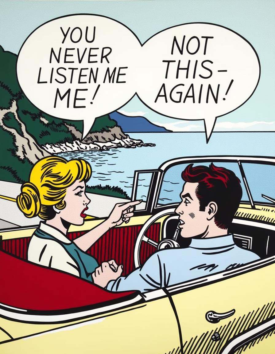 a dilchtnstn style pop art comic drawing,  ,  A couple arguing in a vintage convertible on Tensor.Art