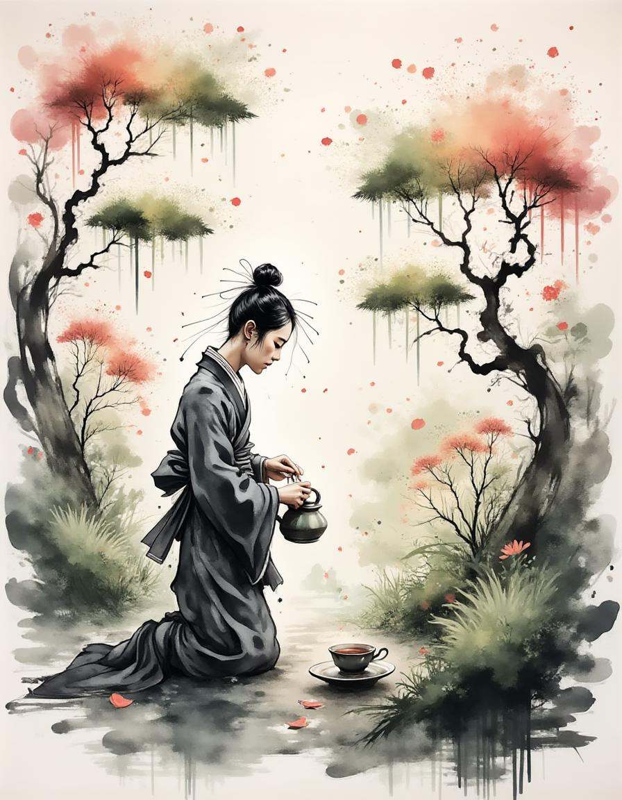 A dinkwfsn style painting,  ,  solemn tea master pouring tea in a quiet garden on Tensor.Art