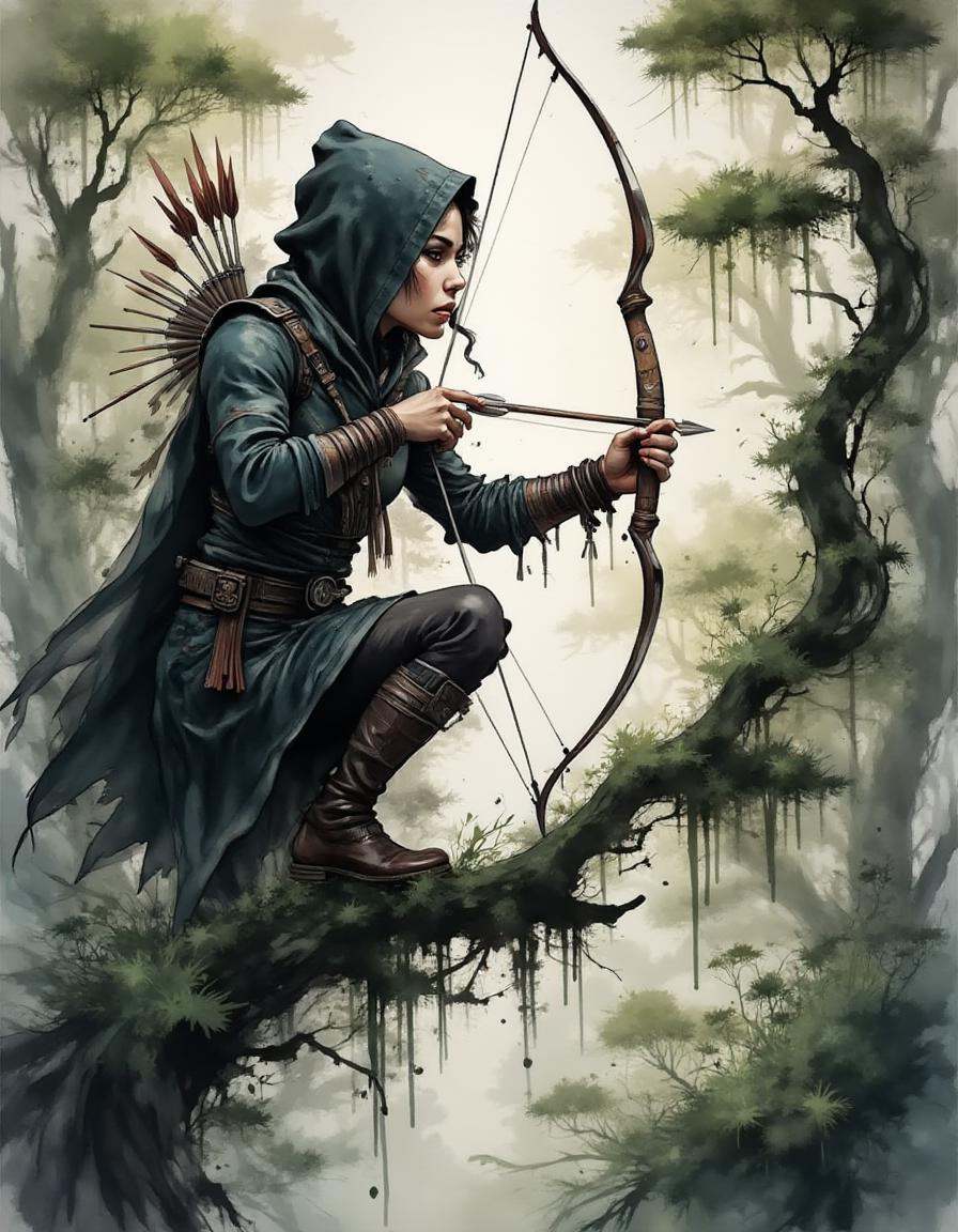 A dinkwfsn style painting,  silent archer crouched on a tree branch,  aiming an arrow with steady focus on Tensor.Art
