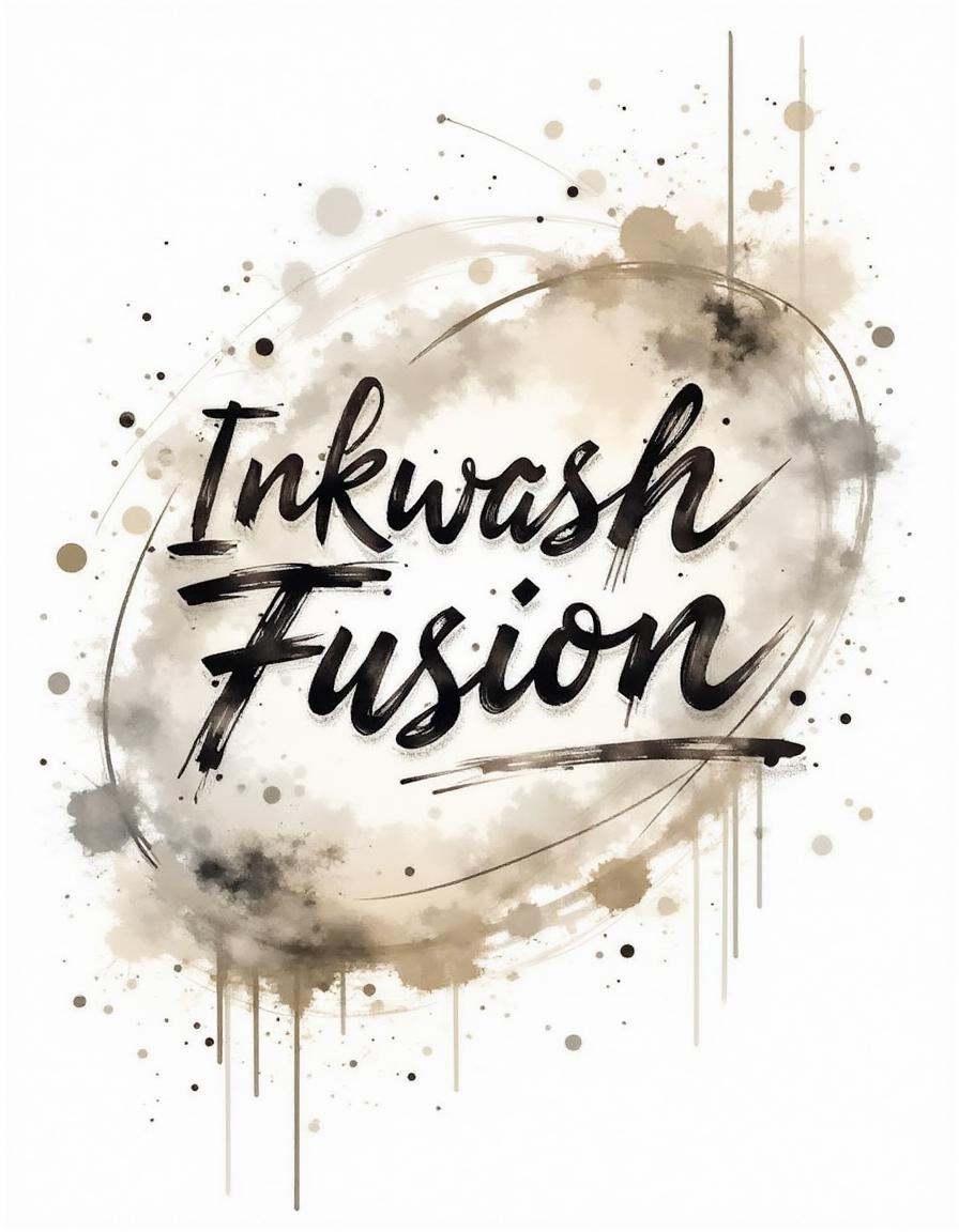 A dinkwfsn style painting titled "Inkwash Fusion" in brushstroke font across the top,  ,  Abstract ink splashes with calli...