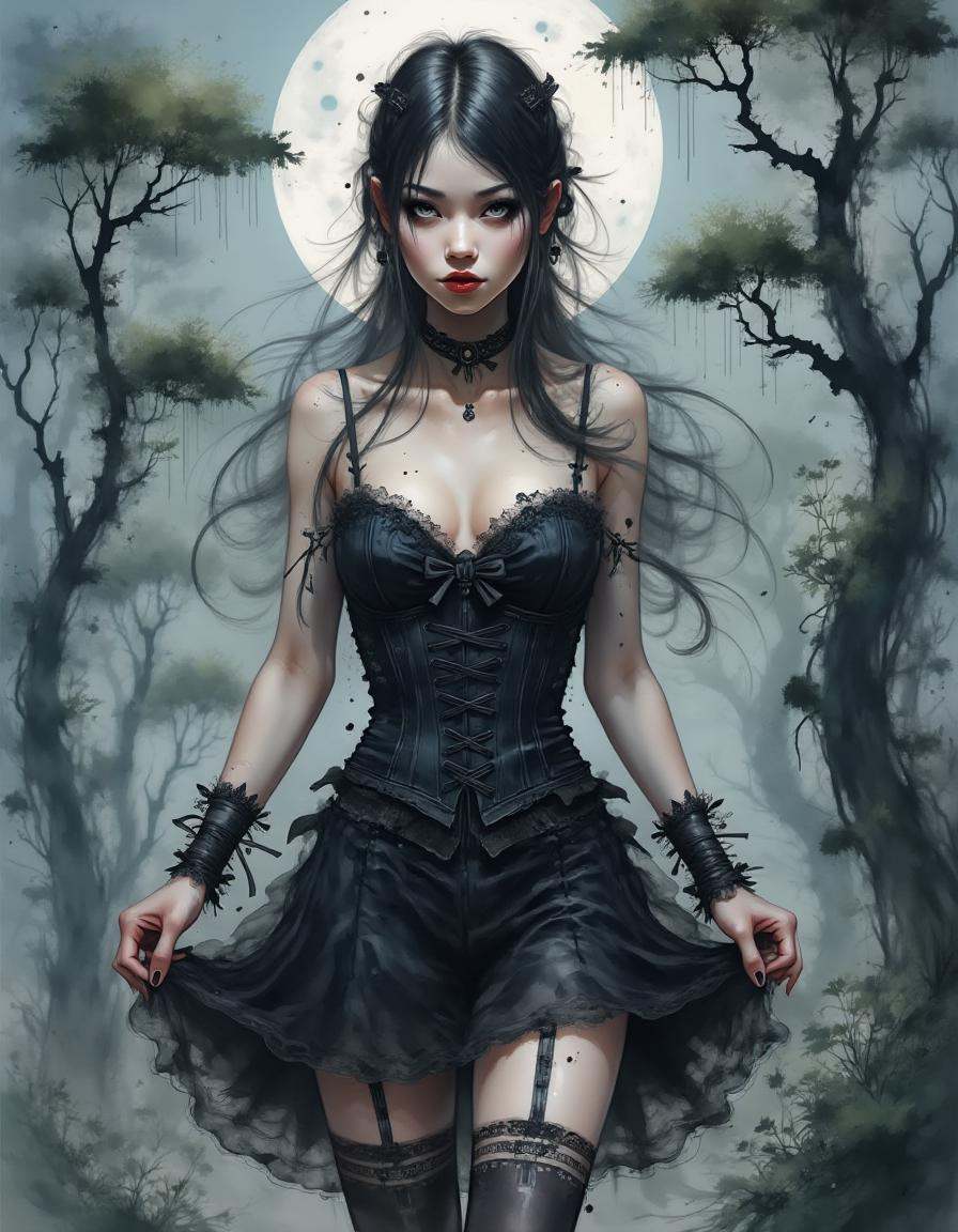 A dinkwfsn style painting ,  A gothic woman with long,  straight black hair stands in a dark on Tensor.Art