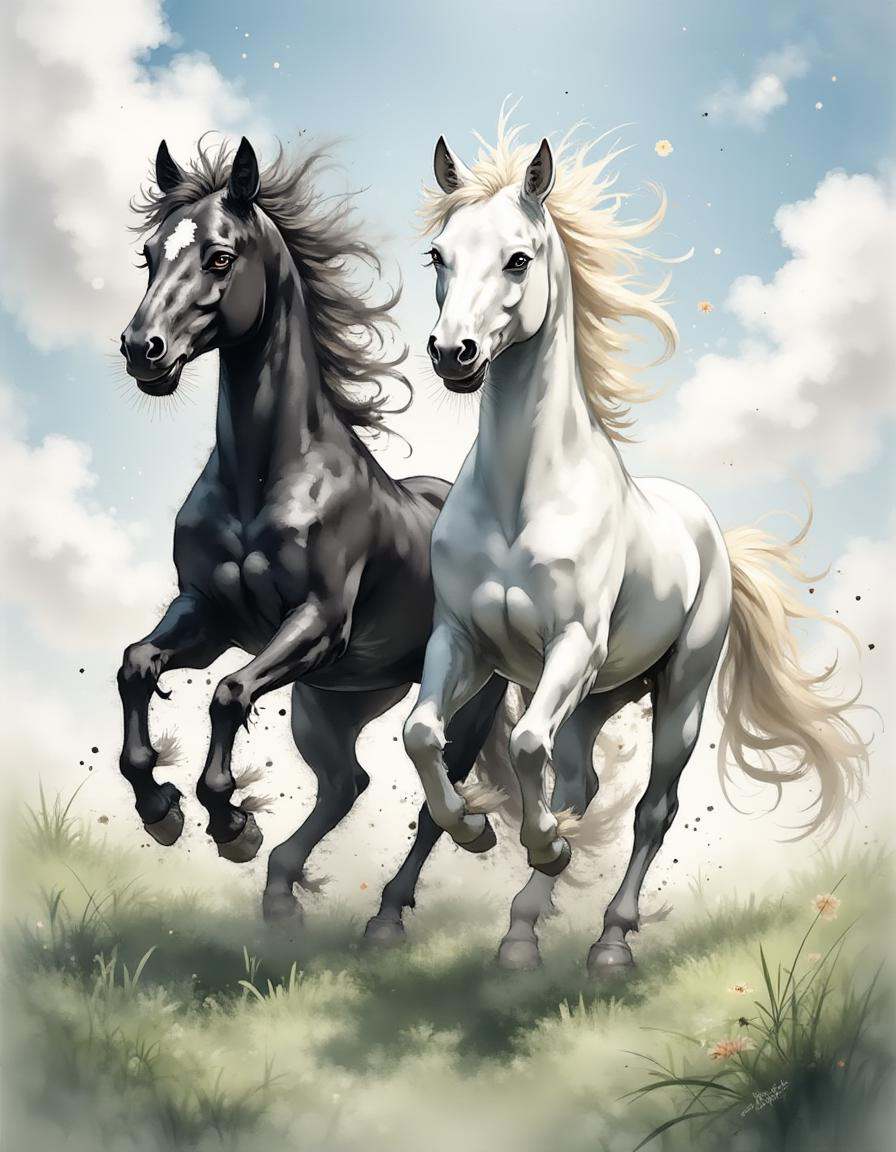 A dinkwfsn style painting ,  A digital diyngyng style painting of two horses,  one black and one white on Tensor.Art
