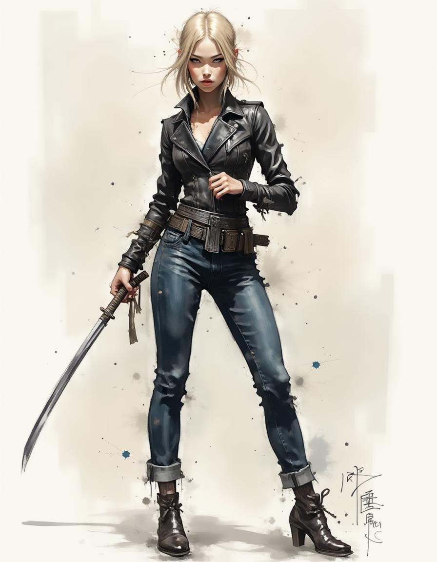 A dinkwfsn style painting ,  A woman stands confidently in a combat-ready pose,  wielding a traditional katana with both h...