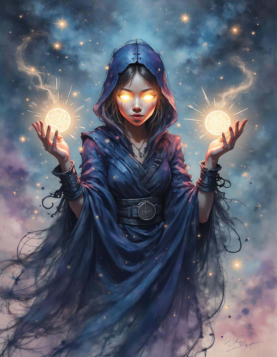 A dinkwfsn style painting ,  A figure draped in a cloak made of starry night sky fabric,  their eyes glowing like twin sup...