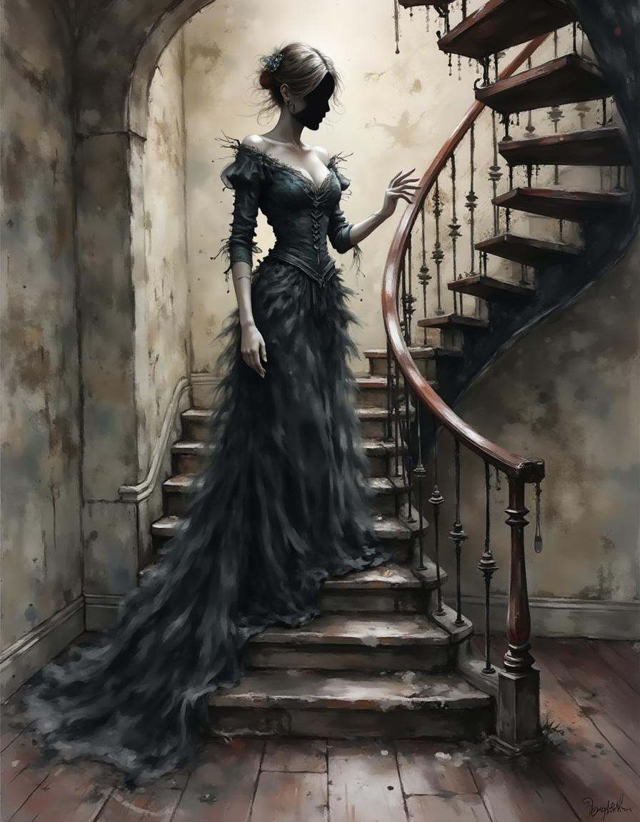 A dinkwfsn style painting,  ,  ghostly figure of a woman in a Victorian dress on Tensor.Art